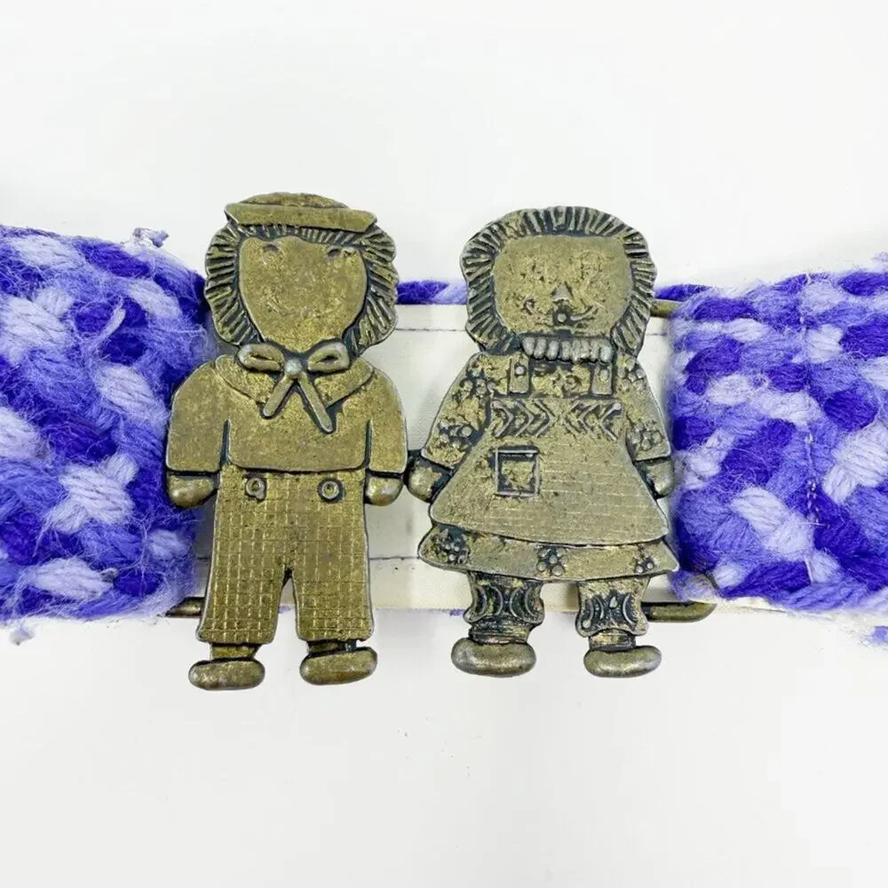 Vintage Brass Raggedy Anne & Andy Metal Belt Buckle & Belt VGUC Woven Detail
